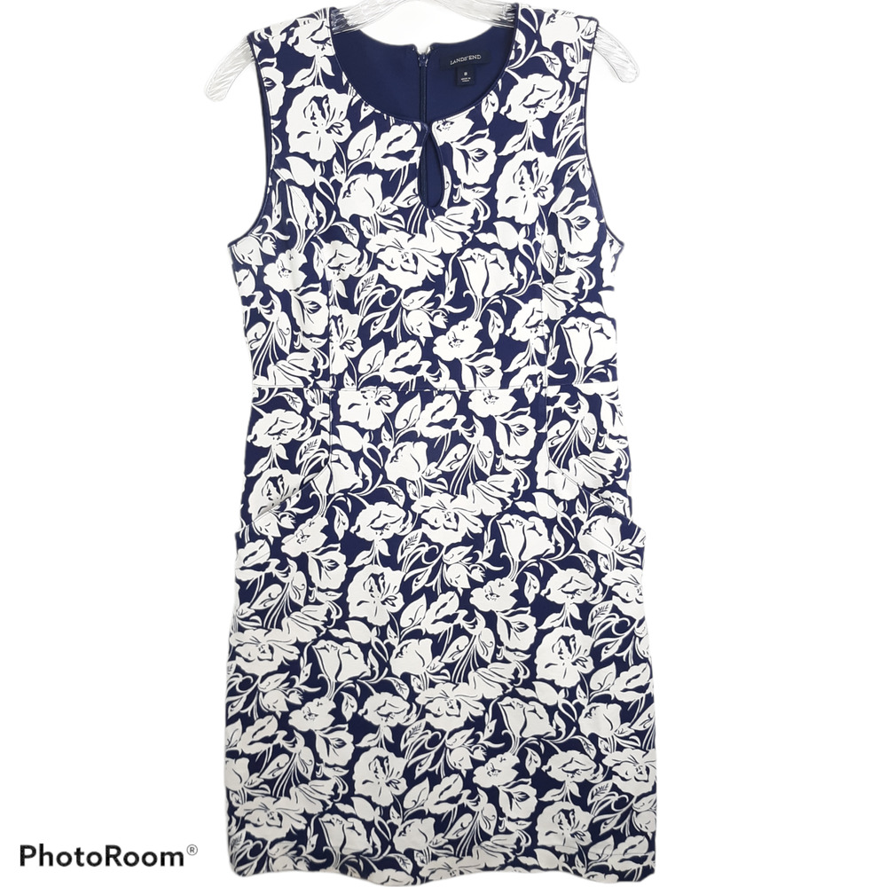 Land's End Dress Navy Blue Floral Knit Pockets 8